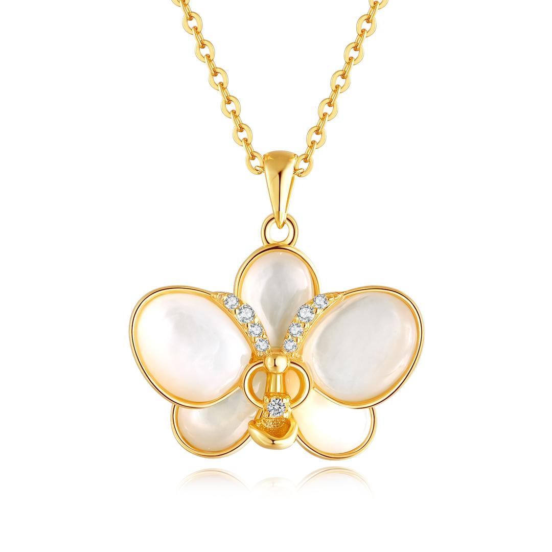 Mother of Pearl Orchid Pendant - Gold Plated